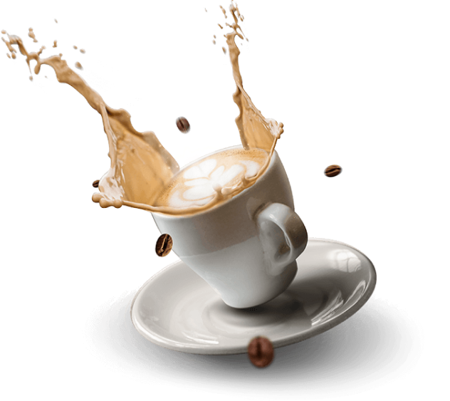 xícara de café com um pratinho abaixo tombando para à esquerda e o café voando para fora da xícara